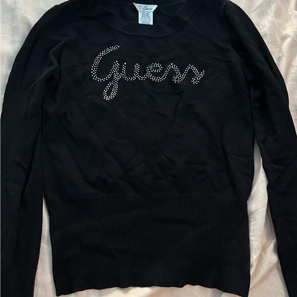 Vintage Guess Black Rhinestone Script Logo Pullover